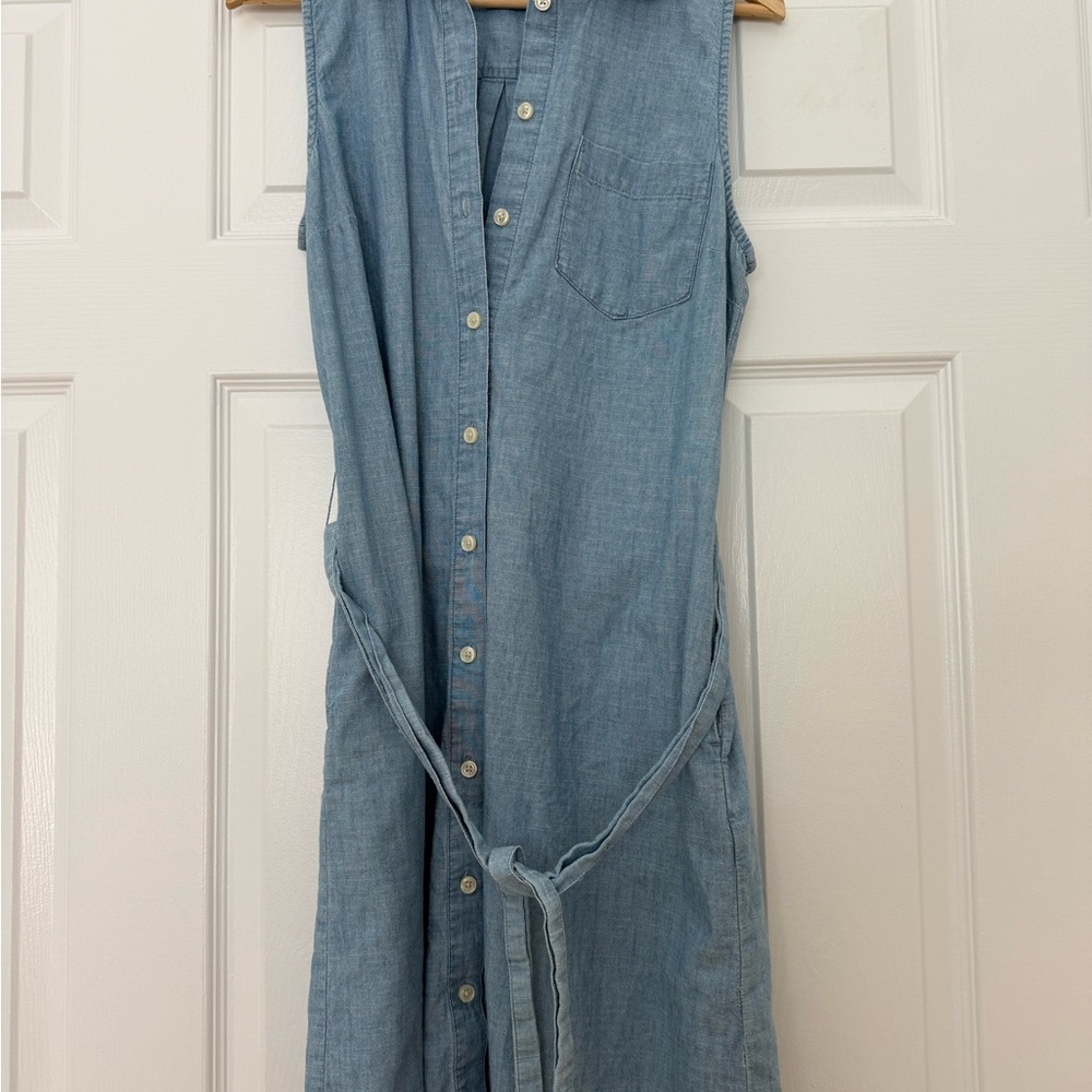 Sleeveless Light Blue Chambray Shirt Dress with Tie Belt